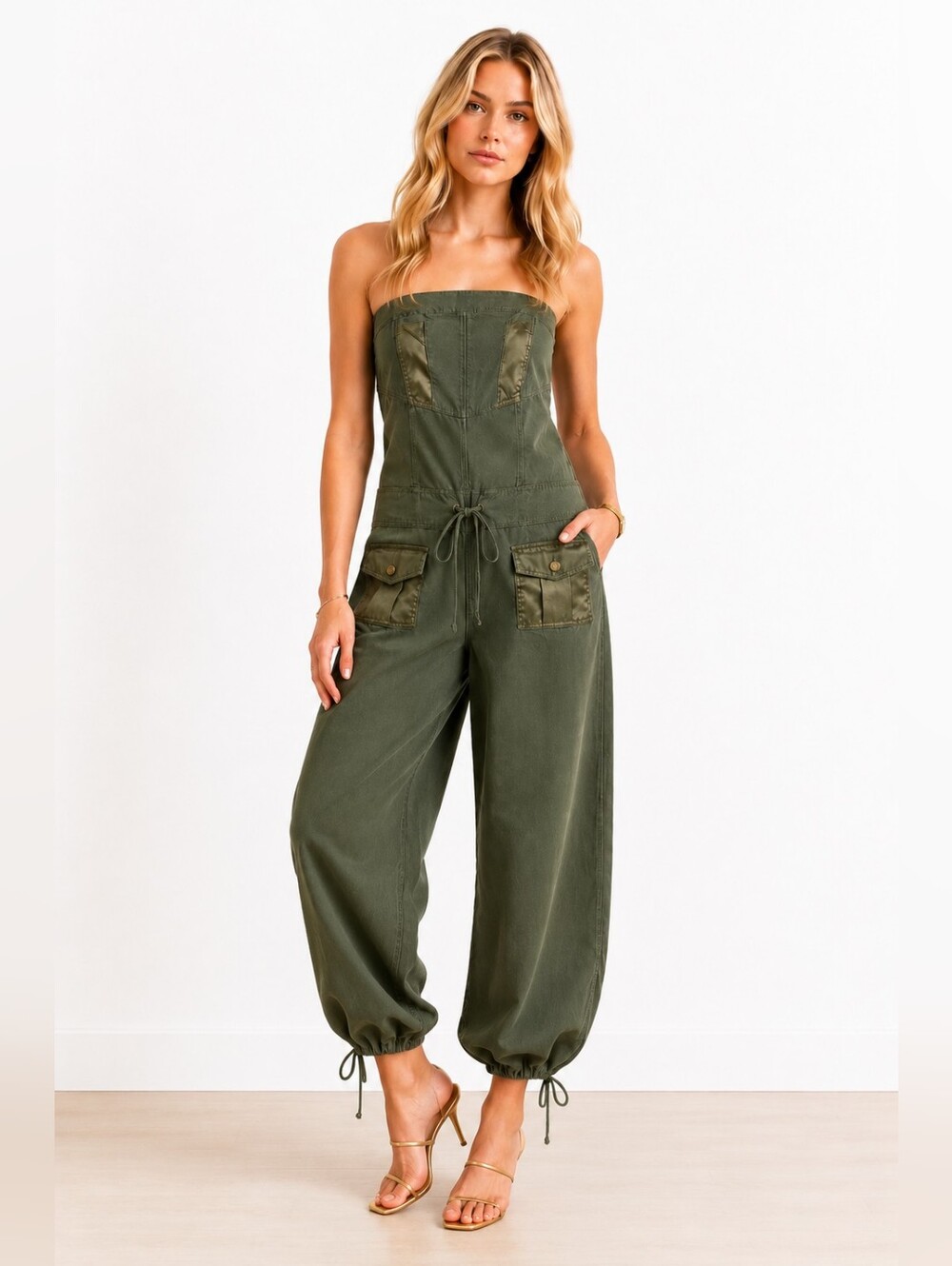 Hotkiss Olive Green Chic Strapless Utility Jumpsuit | Size L - Picture 7 of 8
